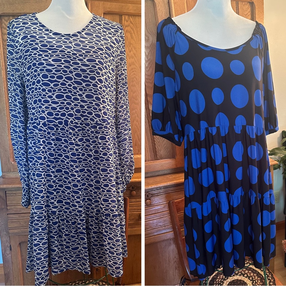 Bundle 2 mini dresses Cato XL babydoll swing dress blue white black circles geo
